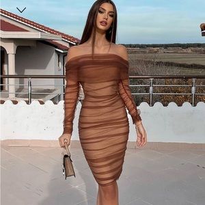 Fashion Nova : Ruched And Ready Bandage Midi Dress - Taupe